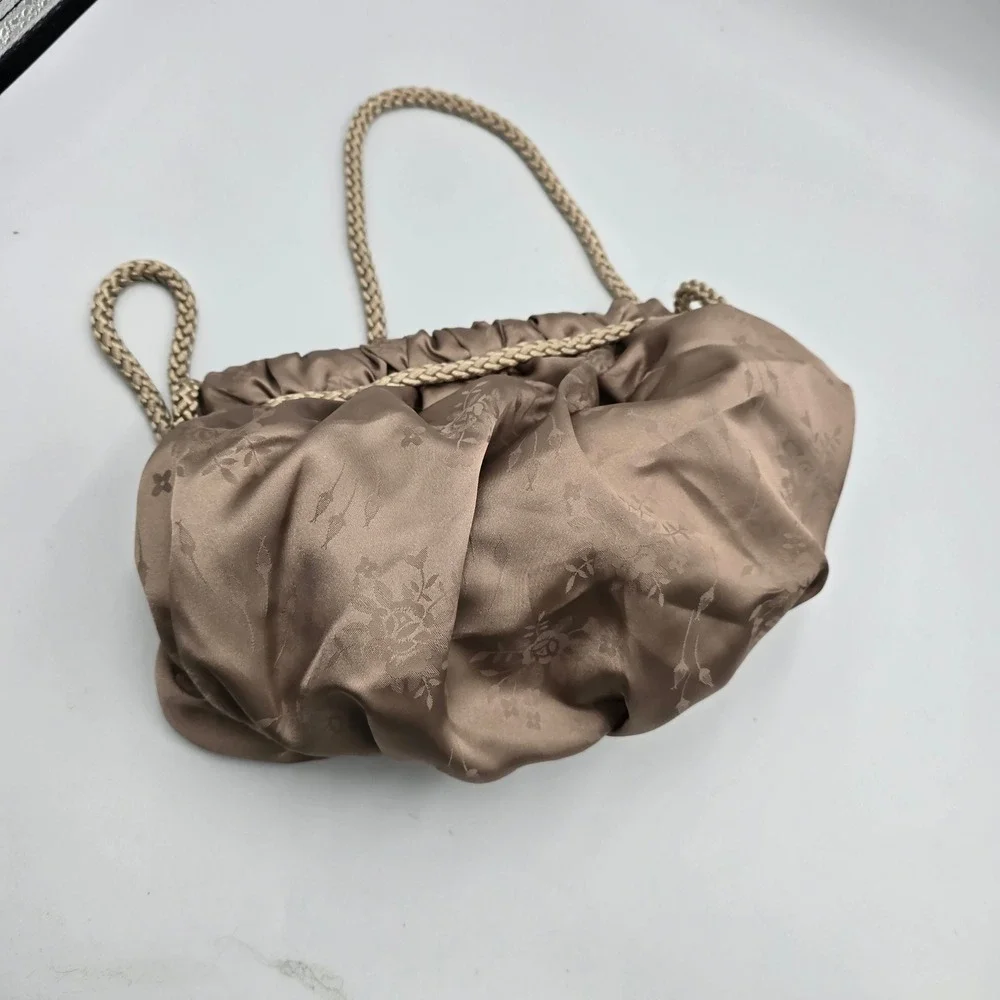 Vintage Bronze Floral Damask Evening Bag Braided Rope Pouch Rosette Taupe Formal